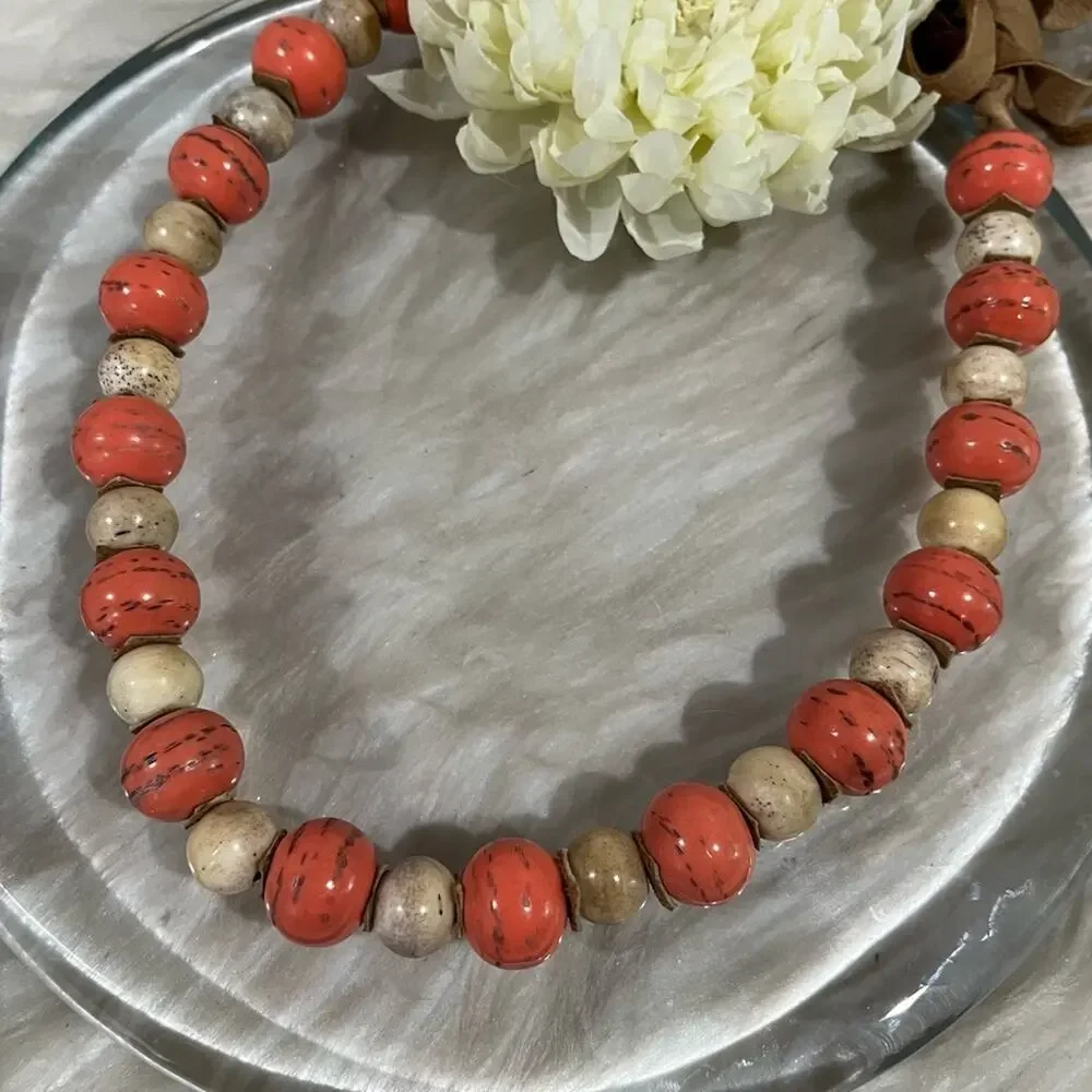 NEW Sundance Vintage Bohemian Glazed Stone Suede Coral Sunset Statement Necklace